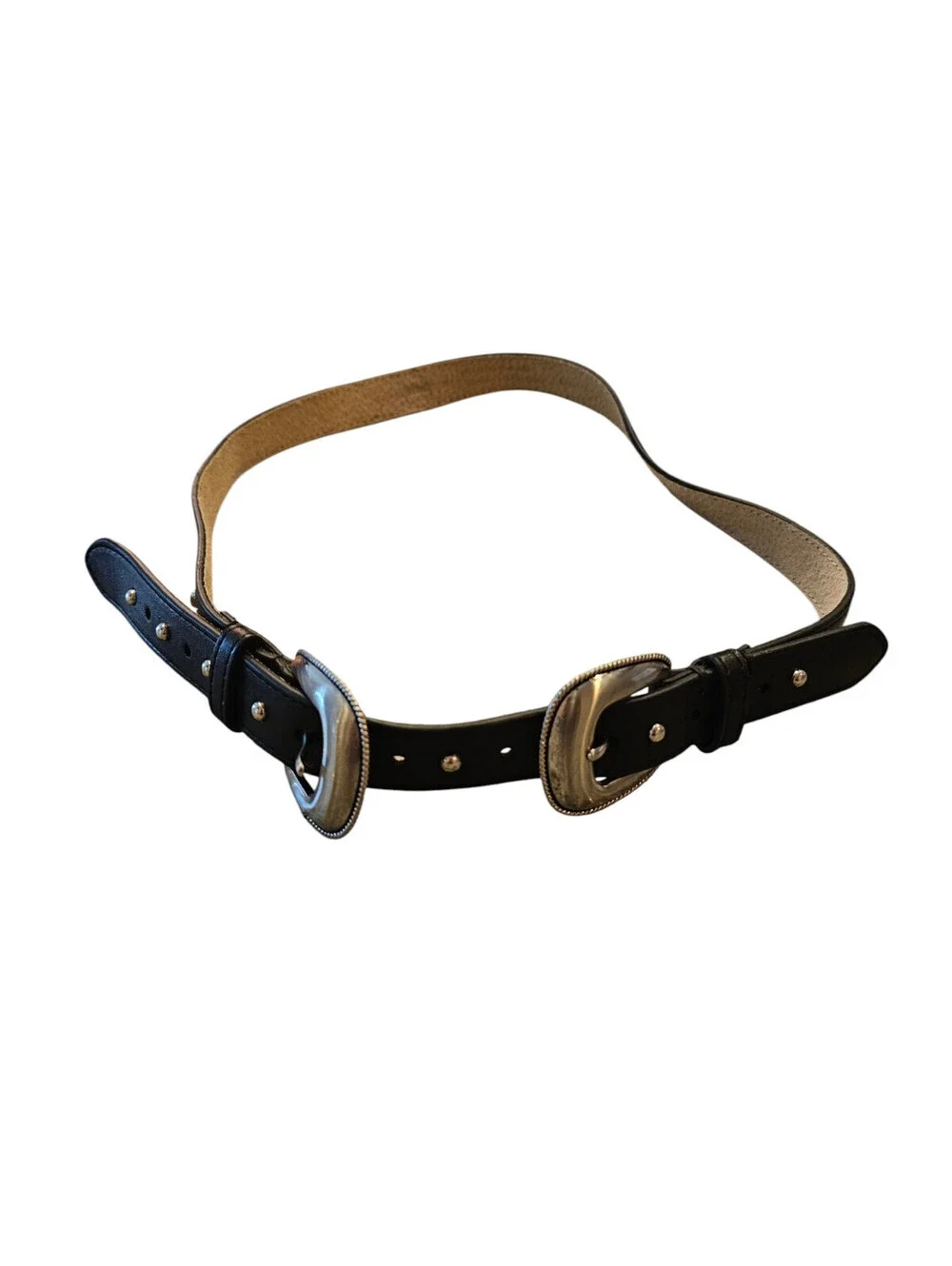 Vintage Womens Sz S Double Buckle Faux Leather Belt Black Silver Tone